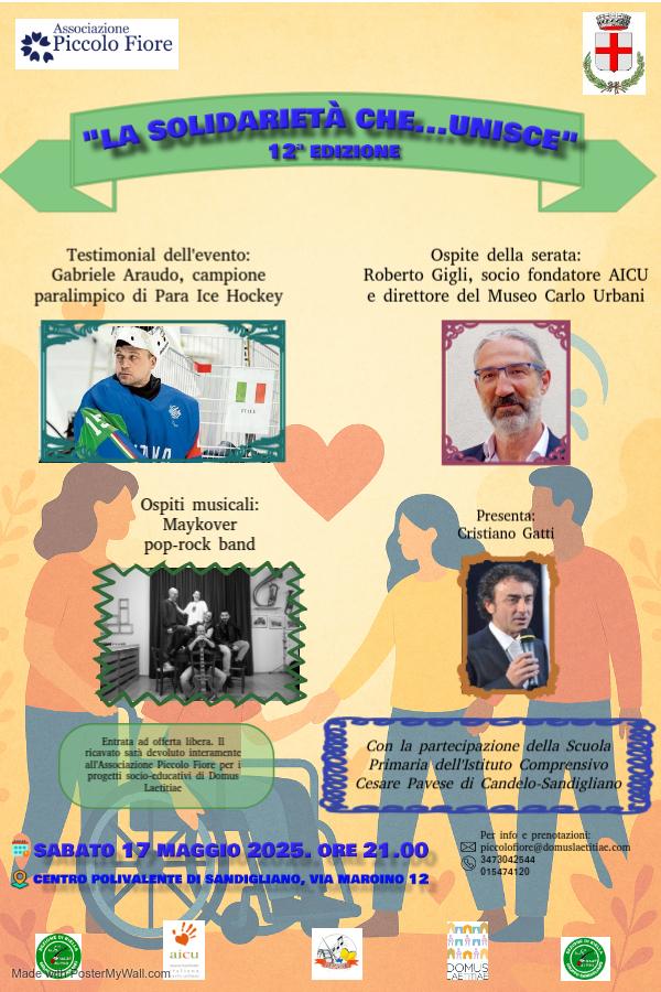 Partecipate numerosi a questo evento !
SABATO 17 MAGGIO ORE 21 CENTRO POLIVALENTE DI SANDIGLIANO