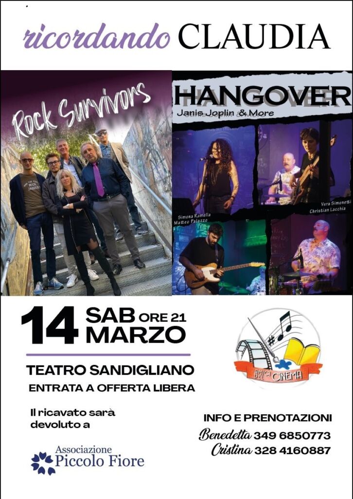 Un incontro di musica per ricordare la cara Claudia che ci ha lasciato troppo presto.
14 Marzo alle ore 21.
Per informazioni
BENEDETTA 3496850773 e CRISTINA 3284160887